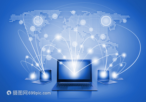 全球網(wǎng)絡(luò)與筆記本電腦 科技藍(lán)圖的全球化融合